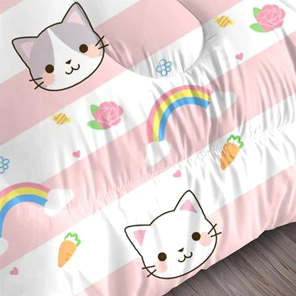 Cat Bedding Twin Size Pink Plaid Rainbow Comforter Set for Girls Kids Children Cloud Cute Kawaii Boho Bedroom Dorm Quilt 1 Comforter + 1 Pillow Case
