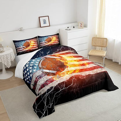 Boys American Football Comforter Set, United States Flag Down Comforter King Size, Soccer Sports Games Bedding Set for Kids Teens Adult Men, Geometric Stripes Retro Duvet Sets, Blue White and Red