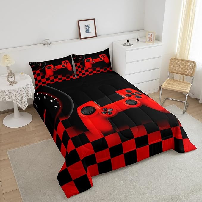 Erosebridal Gamer Bedding Sets for Boys Gaming Comforter Sets Twin Size for Kids Teen Boys Gamer Room Decor Video Game Gamepad Bedding Set with Plaid Check Grid Duvet Insert Soft All Season,Black Red
