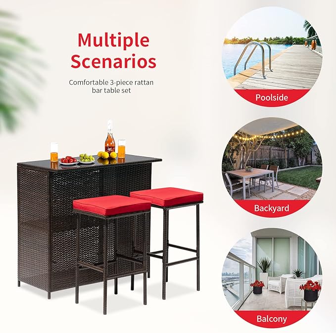 FDW Outdoor Furniture Set Wicker Bistro Set 3PCS Patio Bar Set with Two Stools for Patio Backyard Balcony,Red Cushion