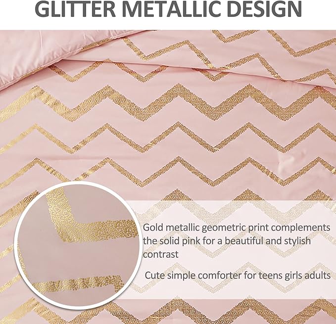 Pink Comforter Set Queen Size, Metallic Blush and Rose Gold Bedding Set, 4 Piece Lightweight Microfiber Bed Set for Teen Girls Women (2 Pillow Shams + 1 Decorative Pillow Sham)