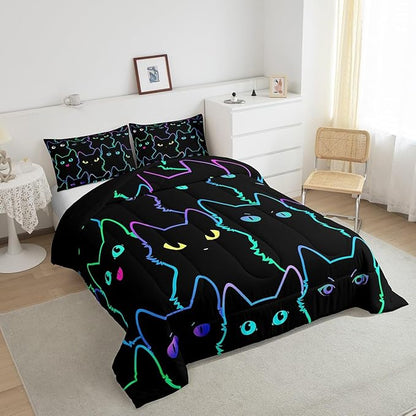 Erosebridal Kids Queen Comforter Set Cartoon Cat Comforter Cute Cats Bedding Set for Teen Boys Girls Kawaii Animal Quilt Set 2 Pillow Cases,Soft Lightweight for All Season,Reversible Black