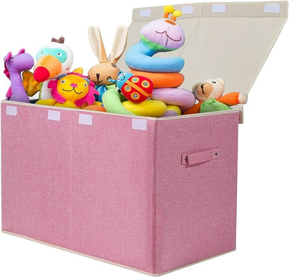 popoly Large Toy Box Chest Storage with Flip-Top Lid, Collapsible Kids Storage Boxes Container Bins for Childrens Toys, Playroom Organizers, 25"x13" x16" (Linen Pink)