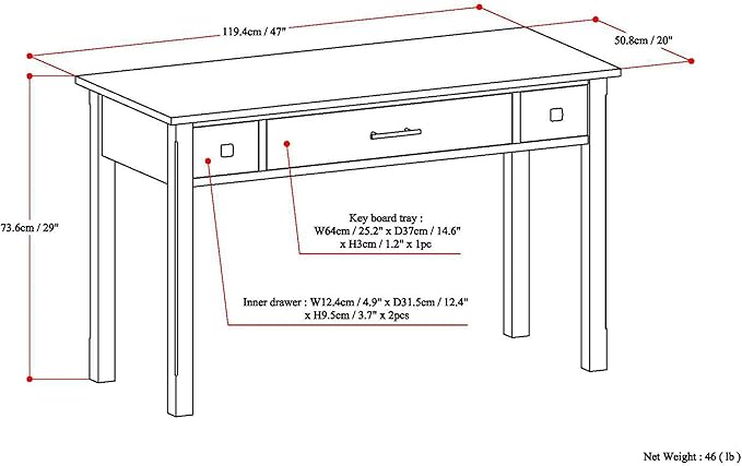 SIMPLIHOME Avalon SOLID WOOD Contemporary 47 Inch Wide Writing Office Desk in Dark Tobacco Brown, For the Office Desk, Writing Table, Workstation and Study Table