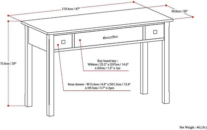 SIMPLIHOME Avalon SOLID WOOD Contemporary 47 Inch Wide Writing Office Desk in Dark Tobacco Brown, For the Office Desk, Writing Table, Workstation and Study Table