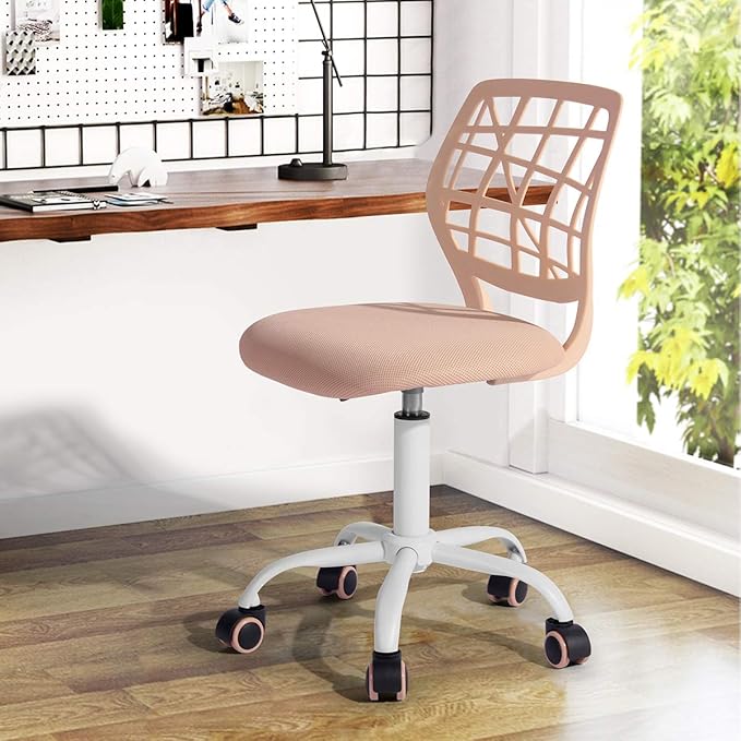FurnitureR Desk Chair Armless Home Office Task Chair with Mesh Padded Cushion Swivel Study Chair with Rolling Wheels for Teens Child Kids Girls，Pink Plica