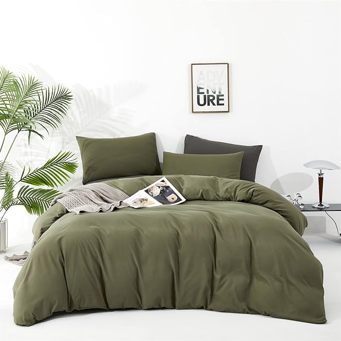 Olive Green Comforter Set Queen Size Solid Green Comforter 3 Pieces Soft Dark Green Queen Comforter Bedding Set Women Pure Olive Green Queen Bed Comforter Set for All Season as Gift