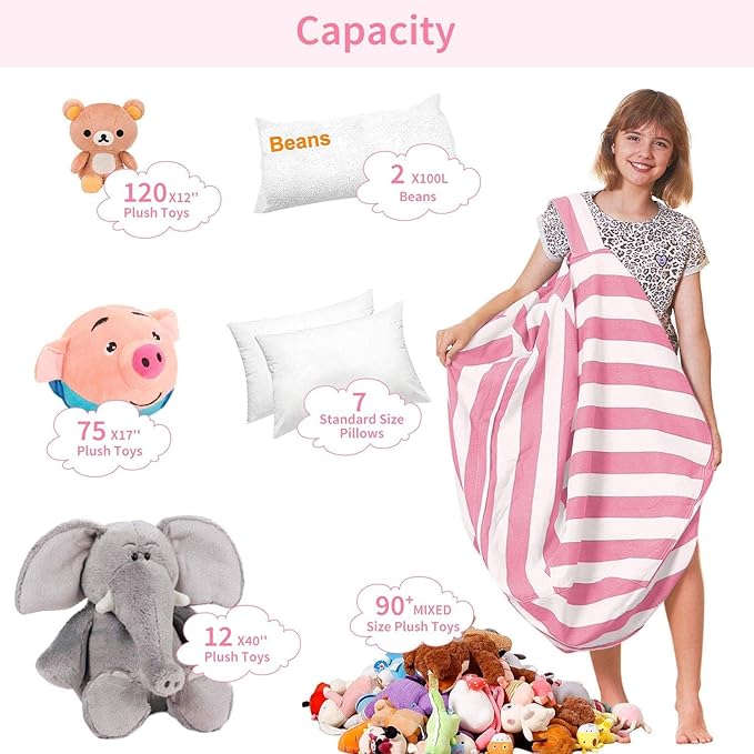 Aubliss Stuffed Animal Storage Bean Bag Chair Cover Only for Plush Toys, Blankets, X-Large 48"-Canvas Stripes Pink/White