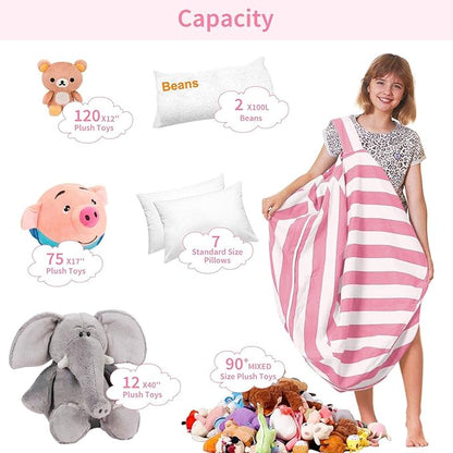 Aubliss Stuffed Animal Storage Bean Bag Chair Cover Only for Plush Toys, Blankets, X-Large 48"-Canvas Stripes Pink/White