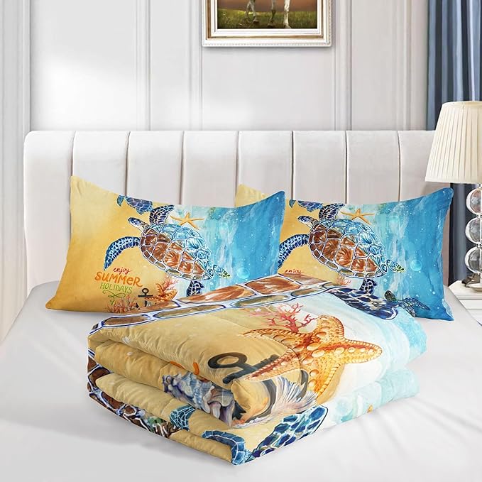 Datura home Beach Turtle Comforter Set Beach and Sea Turtle Printed Quilt Bedding Set with 1 Comforter and 2 Pillowcases for Boys and Girls Bedroom All Season(Beach Turtle Full)