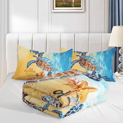 Datura home Beach Turtle Comforter Set Beach and Sea Turtle Printed Quilt Bedding Set with 1 Comforter and 2 Pillowcases for Boys and Girls Bedroom All Season(Beach Turtle Queen)