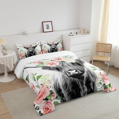 Highland Cow Bedding Set Kids Rose Floral Bull Cattle Comforter Set for Girls Teens Western Wildlife Animal Comforter Farmhouse Duvet Set Room Decor Quilt Set Twin Size