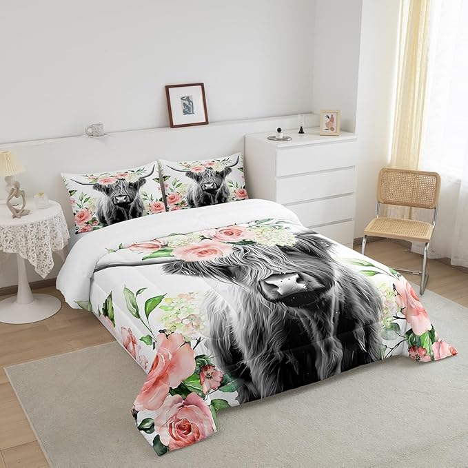 Feelyou Highland Cow Bedding Set Kids Rose Floral Bull Cattle Comforter Set for Girls Teens Western Wildlife Animal Comforter Farmhouse Duvet Set Room Decor Quilt Set King Size