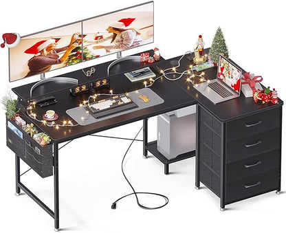 KKL 55 inch L Shaped Computer Desk with USB Charging Port & Power Outlet, L-Shaped Corner Desk with 4 Tier Drawer & Monitor Shelf for Home Office Workstation, Modern Style Writing Table, Black