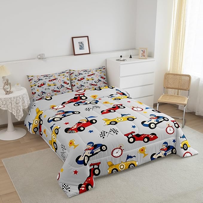 Feelyou Kids Cartoon Car Comforter Set King Size Racing Car Bedding Set for Boys Girls Teen Kids Children Home Decor Racing Car Comforter Race Cars Quilt Bed Set Red Grey Bedding Set for All Season