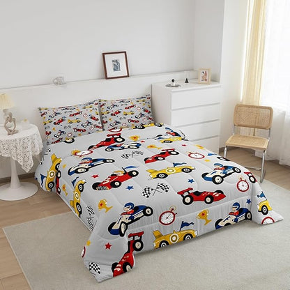 Feelyou Kids Cartoon Car Comforter Set King Size Racing Car Bedding Set for Boys Girls Teen Kids Children Home Decor Racing Car Comforter Race Cars Quilt Bed Set Red Grey Bedding Set for All Season