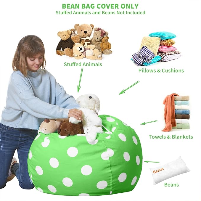 Aubliss Stuffed Animal Bean Bag Storage Chair (Green Dot, Medium (32''))