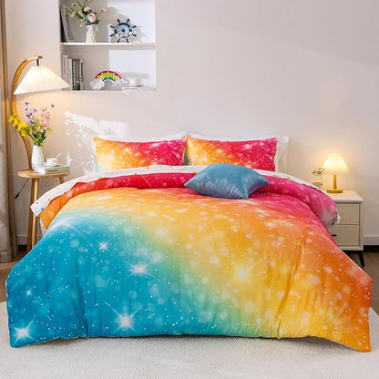 A Nice Night Gradient Glitter 6Pcs Bed in A Bag Bedding Set for Girls Full Size, Colorful Rainbow Galaxy Comforter Set, Ultra Soft Bedding Sets, YellowBlue