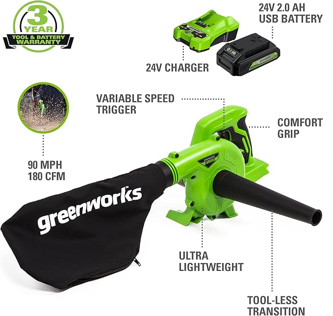 Greenworks 24V (90 MPH / 180 CFM / 125+ Compatible Tools) Cordless Shop Blower, 2.0Ah Battery and Charger Included