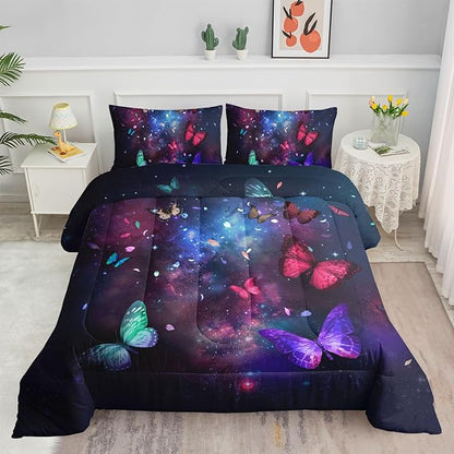 Datura home Butterfly Comforter Set for Girls Women,Colorful Butterflies in Space Galaxy Printed Black Bedding Set with 2 Pillowcases(Butterfly Galaxy Full)