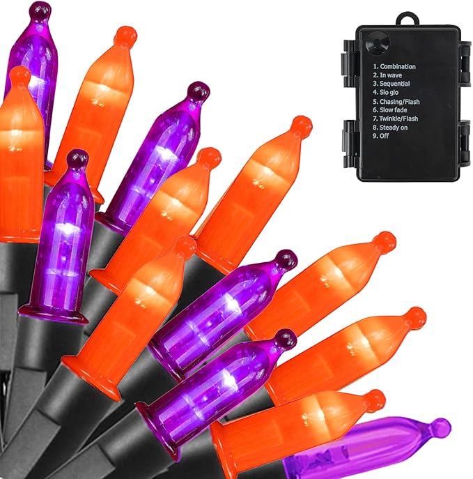 Dazzle Bright Purple and Orange Halloween Lights Battery Operated, 50 LED 16FT Waterproof Halloween Mini String Lights with 8 Modes, Halloween Decorations for Outdoor Indoor Garden Yard Party Decor