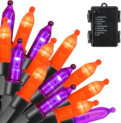 Dazzle Bright Purple and Orange Halloween Lights Battery Operated, 50 LED 16FT Waterproof Halloween Mini String Lights with 8 Modes, Halloween Decorations for Outdoor Indoor Garden Yard Party Decor