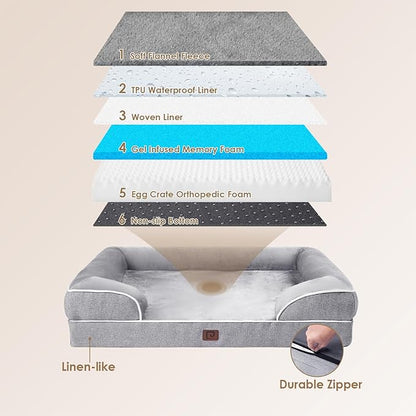 EHEYCIGA Orthopedic XL Dog Beds, Waterproof Memory Foam Dog Bed for Extra Large Dogs, Non-Slip Bottom and Egg-Crate Foam Big Dog Couch Bed with Washable Removable Cover, Grey