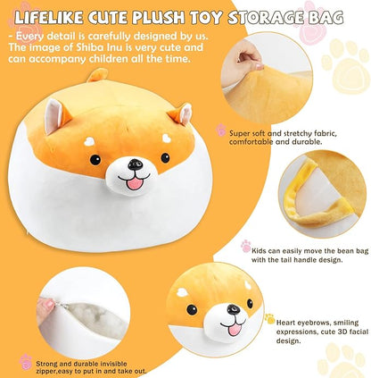 Stuffed Animal Storage Bean Bag Chair Cover for kids Cute Shiba Inu Yellow Dog Large Beanbag Plush Toy Bedroom Décor Organizer Cover, No Beans