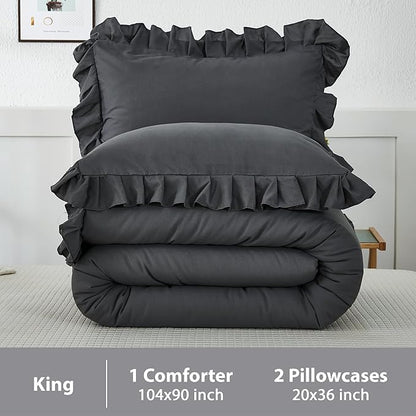 Andency Dark Gray King Comforter Set(104x90Inch), 3 Pieces(1 Ruffle Comforter and 2 Pillowcases) Lightweight and Fluffy Bedding Comforter Set, All Season Soft Microfiber Shabby Chic Bedding Set