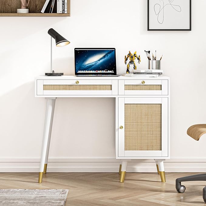 Anmytek Rattan Vanity Desk with Drawers and Storage, White Makeup Vanity Table Modern Home Office Desk Computer Desk for Study D0006