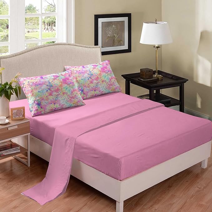 Pink Comforter Set for Girls, Bed in A Bag Twin Size, Purple Pink Tie Dye Pastel Comforter Set with Fitted Sheet and Flat Sheet