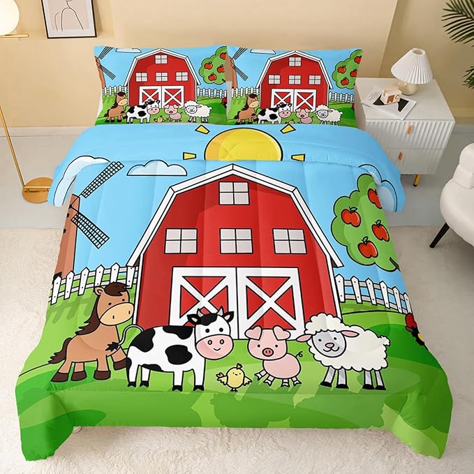 Farm Animals Comforter,Farmhouse Comforter Set for Kids Teens Girls Boys,Cartoon Animals 3Pcs Bedding Set Printed Comforter with 2 Pillowcases,Down Alternative,Soft and Lightweight，Full Size