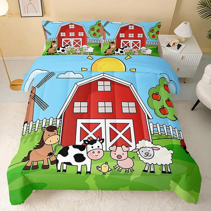 Farm Animals Comforter,Farmhouse Comforter Set for Kids Teens Girls Boys,Cartoon Animals 3Pcs Bedding Set Printed Comforter with 2 Pillowcases,Down Alternative,Soft and Lightweight，King Size