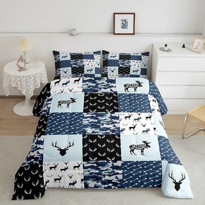 Cute Deer Comforter Set Full, Military Camo Bedding Set for Kids Boys Teens Bedroom Tribal Animal Antlers Silhouette Quilted Comforter Checkered Plaid Arrows Bedding Comforters, Army Blue and White