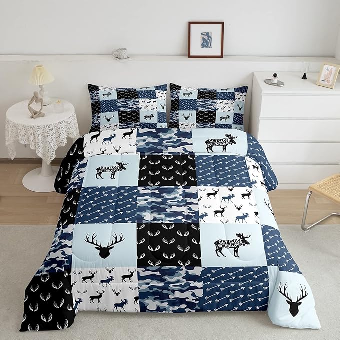 Cute Deer Comforter Set Queen, Military Camo Bedding Set for Kids Boys Teens Bedroom Tribal Animal Antlers Silhouette Quilted Comforter Checkered Plaid Arrows Bedding Comforters, Army Blue and White