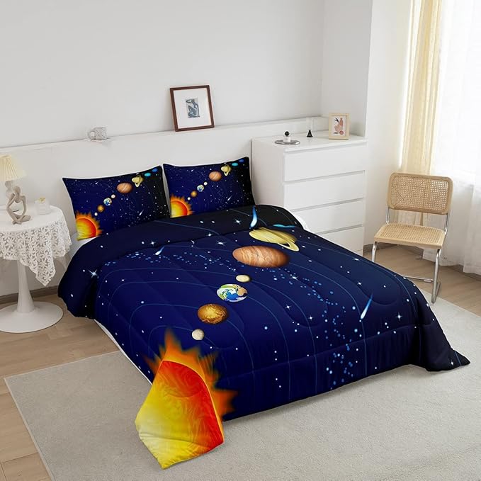 Erosebridal Boys Outer Space Down Comforter, Kids Galaxy Nebula Comforter Set King Size, Starry Sky Cosmos Bedding Set for Children Girls, Solar System Starry Landscape Quilted Duvet, Blue Purple
