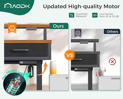 AODK 47 Inch Electric Standing Desk with 3 Drawers, Brown, Height Adjustable Desk with Power Outlets & LED Lights, Stand Up Desk with Monitor Shelf, Sit Stand Desk Computer Workstation