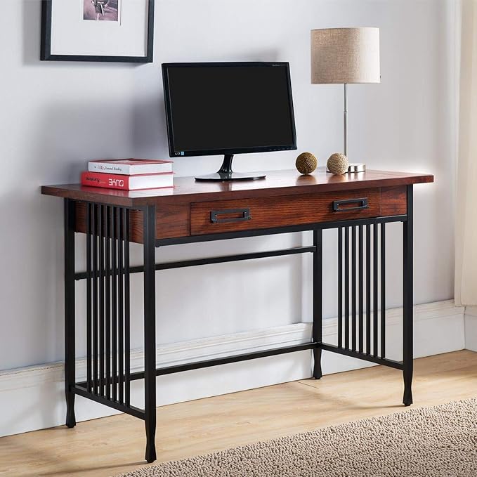 Leick Home 11200 Ironcraft Rustic Writing/Computer Desk with Drop Front Keyboard Drawer, Mission Oak and Black, 22x 46x 30, Brownbronze