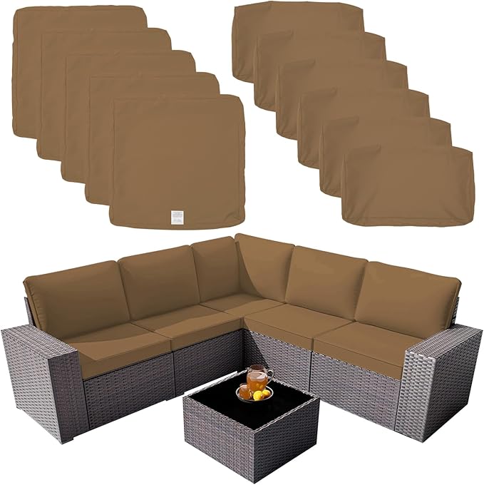 ClawsCover 11Pack Outdoor Seat and Back Cushions Replacement Covers Fit for 5-Seater 6Pieces Wicker Rattan Patio Furniture Conversation Set Sectional Couch Chairs,Taupe-Included Cover Only