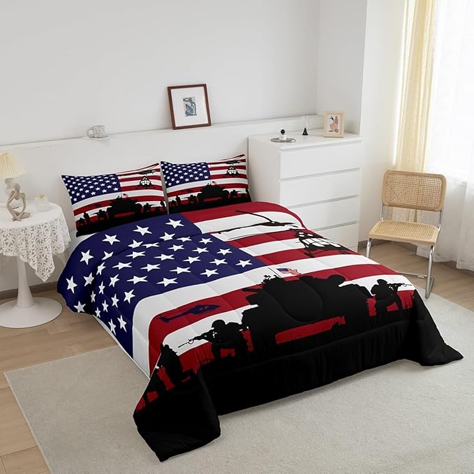 Feelyou American Flag Comforter Set for Girls Kids Boys Men Soldier Rifle Helicopter Tank Bedding Set Red Blue Stars Stripes USA Flag Comforter Room Decor Army Guns Military Down Comforter Twin Size