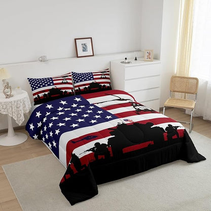 Feelyou American Flag Comforter Set for Girls Kids Boys Men Soldier Rifle Helicopter Tank Bedding Set Red Blue Stars Stripes USA Flag Comforter Room Decor Army Guns Military Down Comforter Twin Size