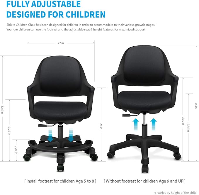 Kids Desk Chair: Ergonomic Kids Computer Chair | Adjustable Kids Office Chair with Wheels & Arms | Study Chair for Girls and Boys - Kids Chair Desk with Wheel Covers (Piano Black)