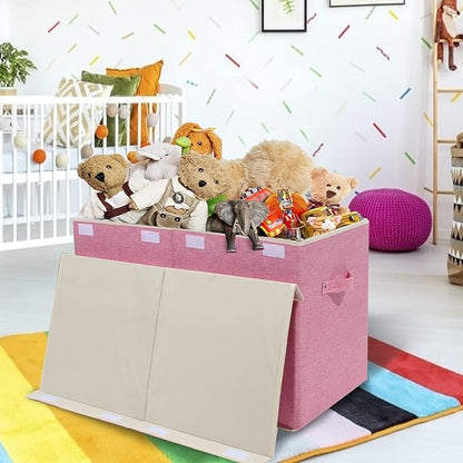 popoly Large Toy Box Chest Storage with Flip-Top Lid, Collapsible Kids Storage Boxes Container Bins for Childrens Toys, Playroom Organizers, 25"x13" x16" (Linen Pink)