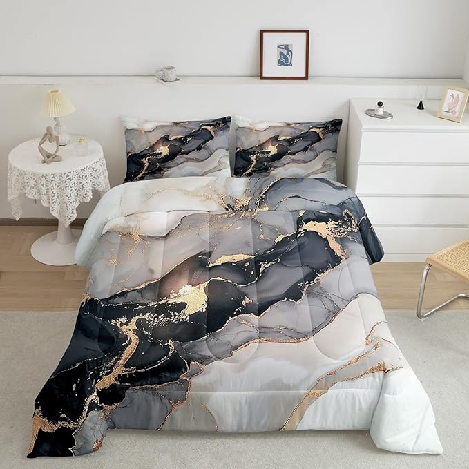 Erosebridal Black Marble Bedding Set Queen,Black and Grey Marble Comforter Set Men Teens Boys Modern Gray Orange Abstract Art Tie Dye Down Comforter Kids Gothic White Gold Marble Duvet Insert Soft