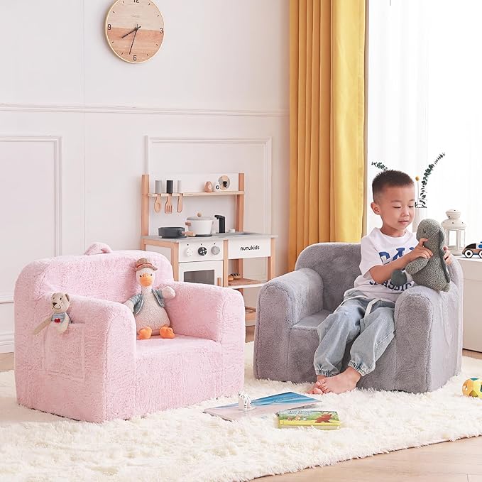 Tiita Toddler Chair Couch, Comfy Fold Out Kids Sofa, Lightweight Children Couch with Carrying Handle & Side Pockets, Kids Foam Armrest Read Sofa for Girl or Boy, Pink