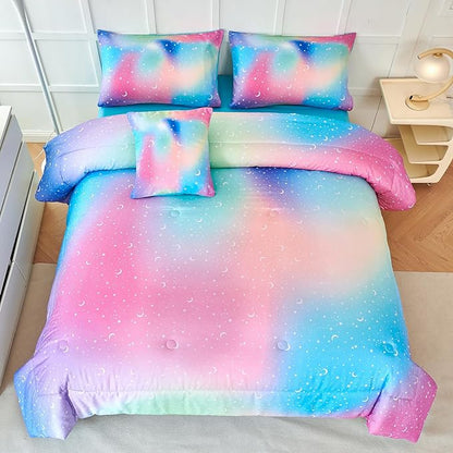 URBONUR Queen Size Comforter Set, Rainbow Stars Queen Bedding Set for Teen Girls Women, 6 Pieces Comforter, Flat Sheet, Fitted Sheet & Pillowcases