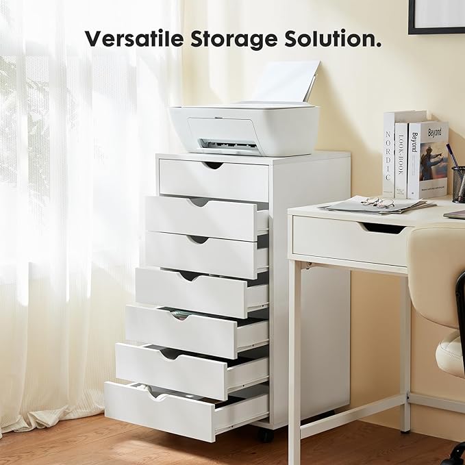 OLIXIS 7 Drawer Chest Wood File Cabinet Rolling Organization Storage Dresser with Wheels for Home Office, 15.75" D x 18.74" W x 34.25" H, White