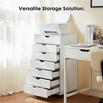 OLIXIS 7 Drawer Chest Wood File Cabinet Rolling Organization Storage Dresser with Wheels for Home Office, 15.75" D x 18.74" W x 34.25" H, White