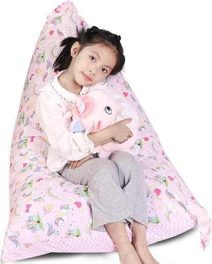 Stuffed Animal Storage Bean Bag Chair Cover, Cotton Pink Unicorn Rainbow Plush Toy Storage Stuff and Sit Seat for Kids/Teens/Adults, 52" x 31" Extra Large Triangle Sofa, 200L/52Gal, Cover Only