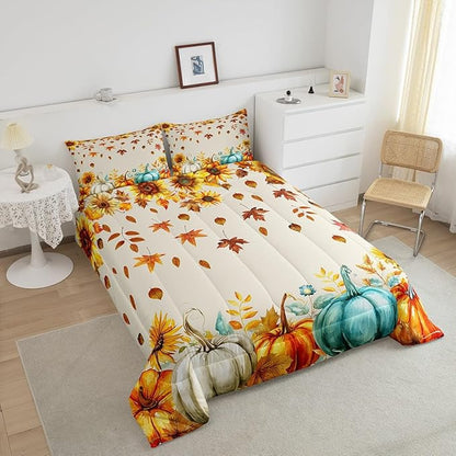 Fall Pumpkin Bedding Set For Home King Thanksgiving Harvest Season Fruit Decor Comforter Set Autumn Fall Maple Leaf Quilt Comforter for Kids Teen Adults,Rustic Farm Sunflower Bed Sets 2 Pillow Cases